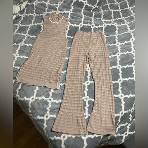 knit set two piece beige pants tunic top SZ XS